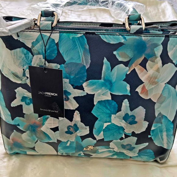SATCHEL/SHOULDER BAG, JACK FRENCH LONDON PARK LEATHER, BLUE FLORAL, TOP ZIPPERS, - Picture 5 of 16